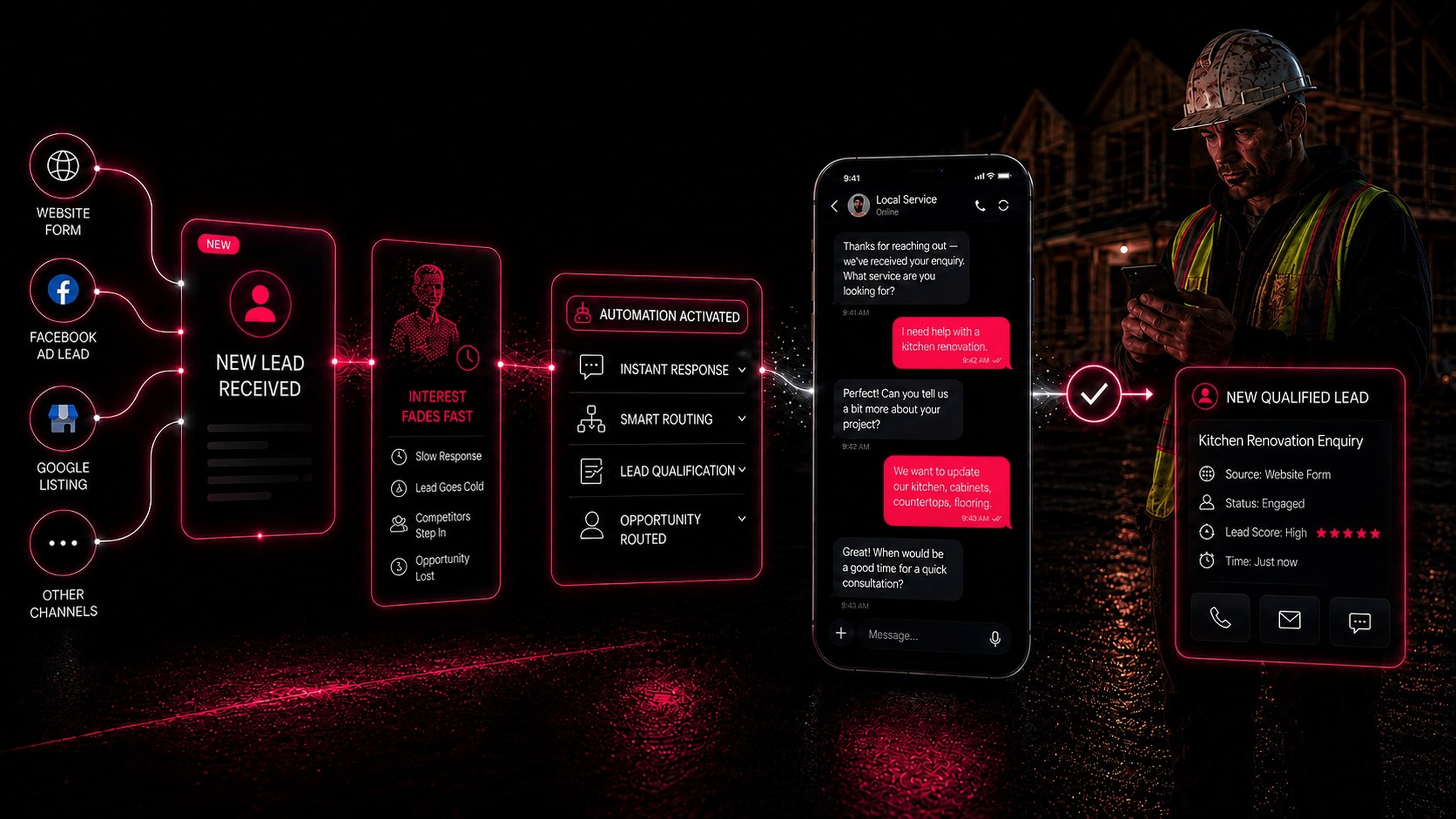 Illustration of the Speed-to-Lead flow: a new enquiry from a web form, ad, or listing gets an instant automated reply that qualifies the lead and routes it to the team.